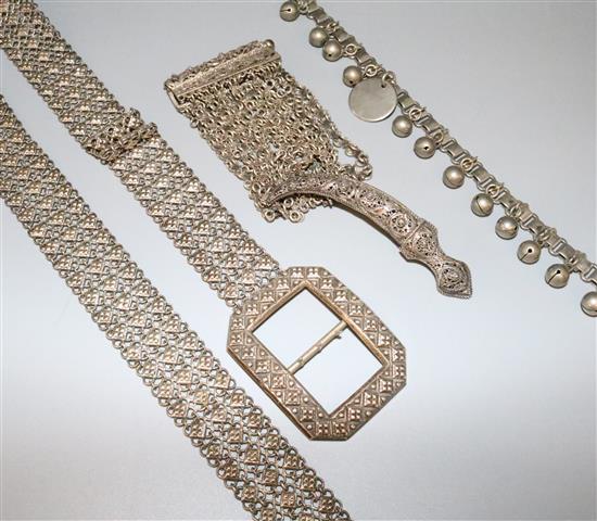 French silver belt, filigree bracelet, filigree brooch and plated dog collar